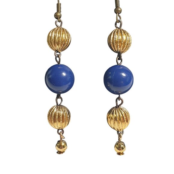 Handmade Gold Blue Beaded Dangle Earrings By Donovan Lightweight 3" Long Gift - Picture 2 of 4